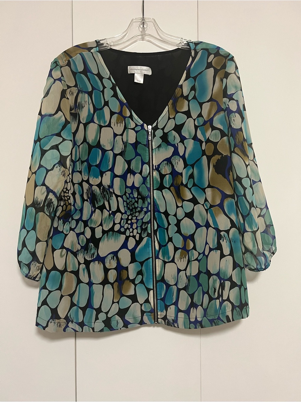 CHRISTOPHER & BANKS 3/4 SLEEVE ZIP FRONT Aqua ABSTRACT Sea Glass SHIRT JACKET L